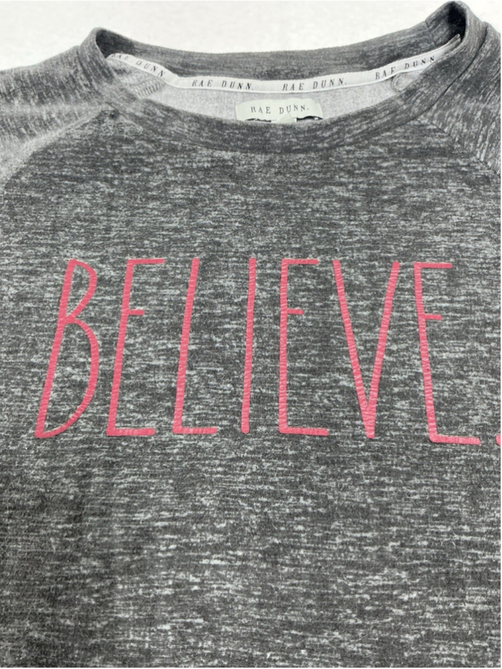 Womans Rae Dunn Pullover Shirt Large Gray Long Sleeve “Believe” Graphic - Picture 3 of 7